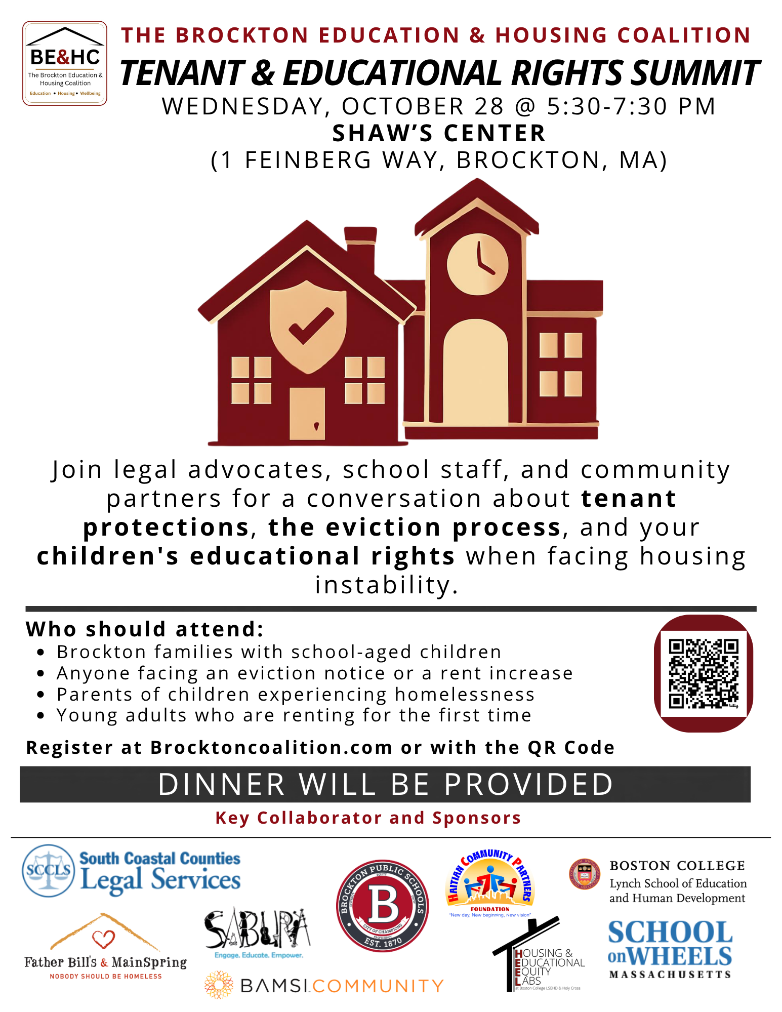 Tenant & Educational Rights Summit flyer — Wednesday, October 28, 5:30–7:30 PM at the Shaw's Center, 1 Feinberg Way, Brockton, MA. Dinner provided.