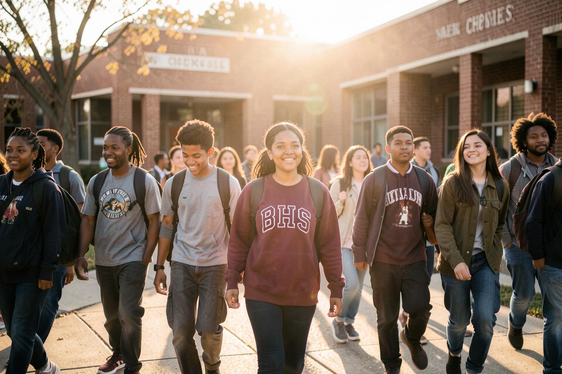 Black and Latino Brockton high school students walking together at golden hour